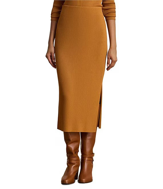 UJALA-Rib-Knit Pull-On Side Slit Midi Coordinating Pencil Skirt