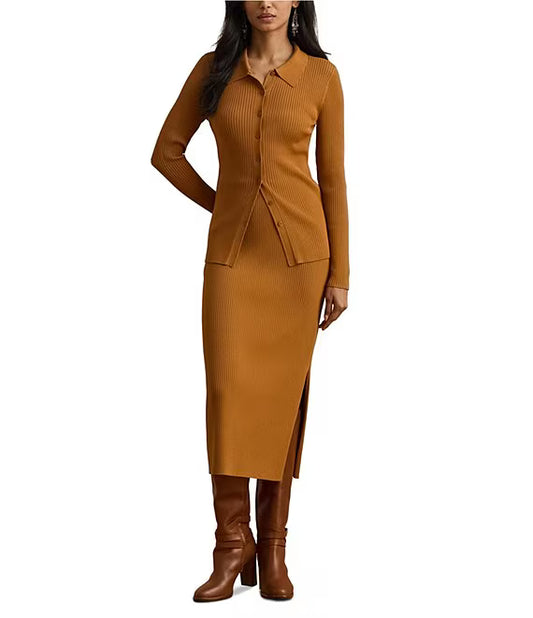 UJALA-Rib-Knit Pull-On Side Slit Midi Coordinating Pencil Skirt