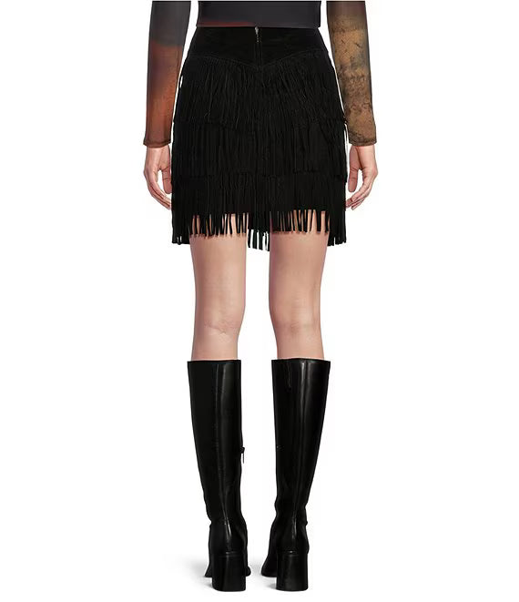 UJALA-Western Tiered Suede Fringe Mini Skirt