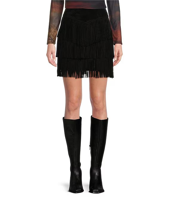 UJALA-Western Tiered Suede Fringe Mini Skirt