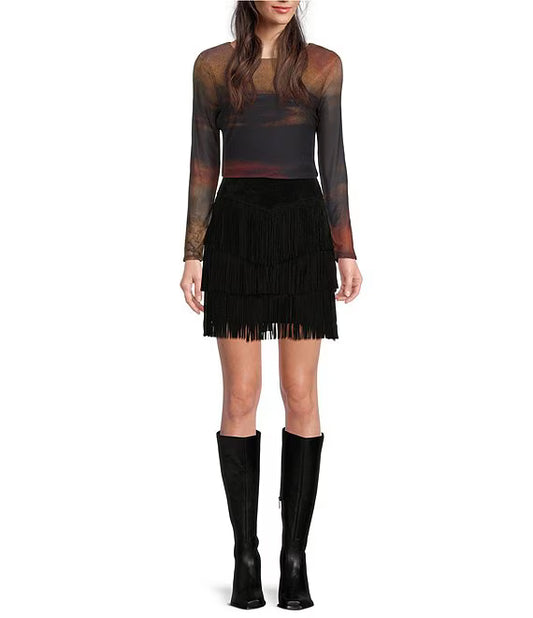 UJALA-Western Tiered Suede Fringe Mini Skirt